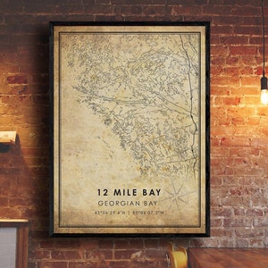 Impression de la carte de la baie de 12 Miles | Carte de la baie de 12 Miles | Art cartographique de la baie Georgienne | Affiche de la carte routière de la ville de 12 Mile Bay | carte cadeau vintage