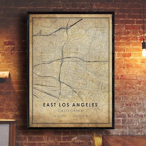 Impression de carte de l’Est de Los Angeles | Carte de l’Est de Los Angeles | Californie Carte Art | Affiche de la carte routière de la ville de l’Est de Los Angeles | carte cadeau vintage
