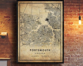 Portsmouth Map Print | Portsmouth Map | Virginia Map Art | Portsmouth City Road Map Poster | Vintage Gift Map