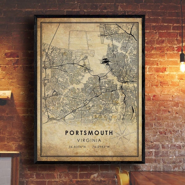 Portsmouth Map Print | Portsmouth Map | Virginia Map Art | Portsmouth City Road Map Poster | Vintage Gift Map