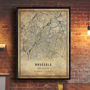 Bruxelles vintage Carte Imprimer | Carte de Bruxelles | Belgique Carte Art | Affiche de la carte routière de la ville de Bruxelles | carte cadeau vintage