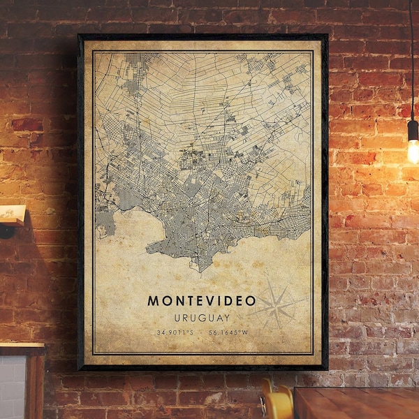 Impresión de mapas vintage de Montevideo / Mapa de Montevideo / Arte del mapa de Uruguay / Cartel de la hoja de ruta de la ciudad de Montevideo / Regalo vintage