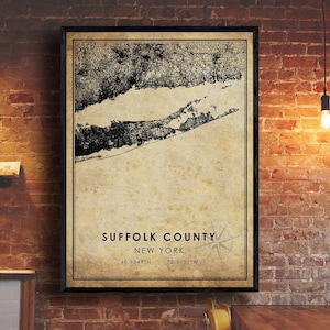 Impression de carte du comté de Suffolk | Carte du comté de Suffolk | Art de la carte de New York | Affiche de carte routière de la ville du comté de Suffolk | carte cadeau vintage