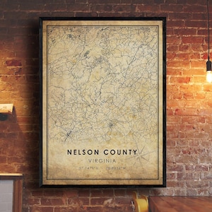 Impression de carte du comté de Nelson | Carte du comté de Nelson | Virginie Carte Art | Affiche de carte routière de la ville du comté de Nelson | carte cadeau vintage