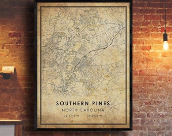 Southern Pines Map Print | Southern Pines Map | North Carolina Map Art | North Carolina City Road Map Poster | Vintage Gift Map