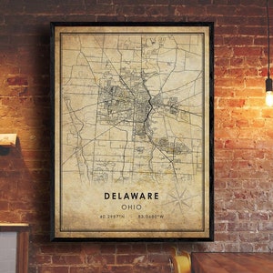 Delaware Vintage Map Print | Delaware Map | Ohio Map Art | DelawareCity Road Map Poster | Vintage Gift Map