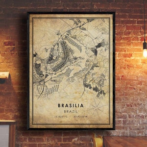 Brasilia Vintage Map Print / Mapa de Brasilia / Arte del mapa de Brasil / Cartel del mapa de carreteras de la ciudad de Brasilia / Mapa de regalo vintage