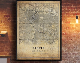 Denver Vintage Map Print | Denver Map | Colorado Map Art | Denver City Road Map Poster | Vintage Gift Map