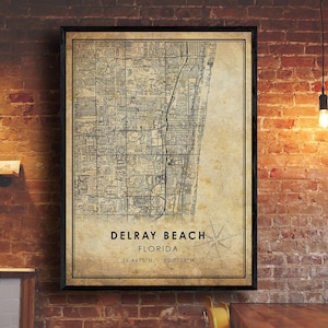 Delray Beach vintage Carte Imprimer | Carte de la plage de Delray | Art de la carte de Floride | Affiche de carte routière de la ville de Delray Beach | carte cadeau vintage