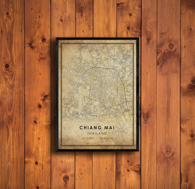 Chiang Mai Vintage Map Print Thailand Map Art Vintage Gift Chiang Mai City Road Map Poster Chiang Mai Map