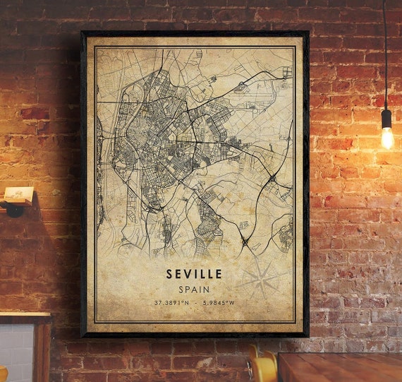 Seville Vintage Map Print | Seville Spain Map | Seville City Road Map Poster Canvas