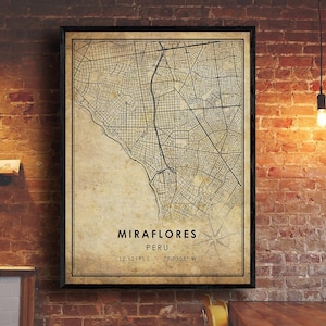 Miraflores Vintage Map Print | Miraflores Map | Peru Map Art | Miraflores City Road Map Poster | Vintage Gift Map