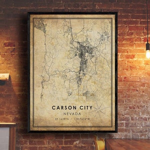 Carson City vintage Carte Imprimer | Carte de Carson City Nevada | Carson City Nevada City Carte routière Poster Toile