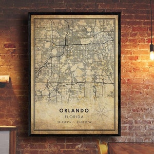 Impression de carte vintage d’Orlando | Carte d'Orlando | Art de la carte de Floride | Affiche de la carte routière de la ville d’Orlando | carte cadeau vintage