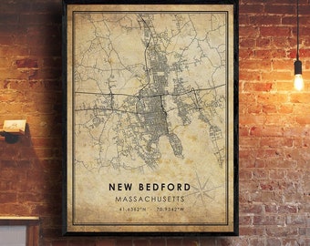 New Bedford Map Print | New Bedford Map | Massachusetts Map Art | New Bedford Massachusetts City Road Map Poster | Vintage Gift Map