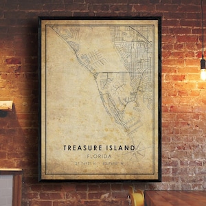Impression de carte de l’île au trésor | Carte de l’île au trésor | Art de la carte de Floride | Affiche de carte routière de la ville de Treasure Island | carte cadeau vintage