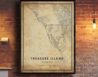 Treasure Island Map Print | Treasure Island Map | Florida Map Art | Treasure Island City Road Map Poster | Vintage Gift Map