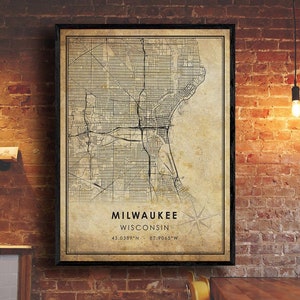 Impression de carte vintage de Milwaukee | Carte de Milwaukee | Wisconsin Carte Art | Affiche de la carte routière de la ville de Milwaukee | carte cadeau vintage