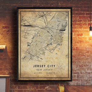 Impression de carte vintage de Jersey City | Carte de la ville de Jersey | Art de la carte du New Jersey | Affiche de la carte routière de Jersey City | cadeau vintage