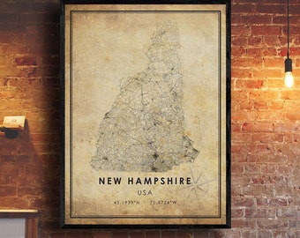 New Hampshire Vintage Map Print | New Hampshire Map | New Hampshire Map Art | New Hampshire City Road Map Poster | Vintage Map Gift