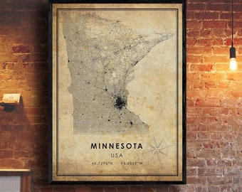 Minnesota Vintage Map Print | Minnesota Map | State Map Art | Minnesota City Road Map Poster | Vintage Gift Map