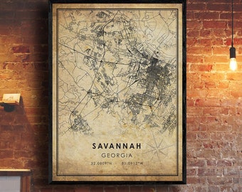 Savannah Vintage Map Print | Savannah Georgia Map | Savannah City Road Map Poster Canvas