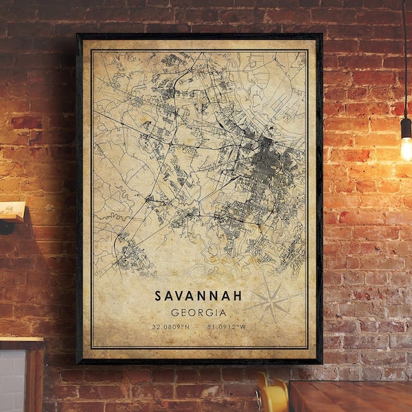 Impresión de mapas vintage de Savannah / Mapa de Savannah Georgia / Lienzo de cartel de mapa de carreteras de la ciudad de Savannah