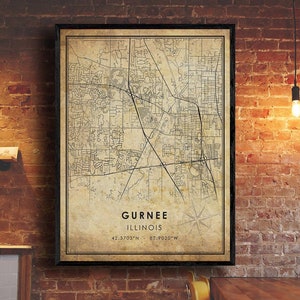 Impression de carte de Gurnee | Carte de Gurnee | Art de la carte de l’Illinois | Affiche de la carte routière de la ville de Gurnee | carte cadeau vintage