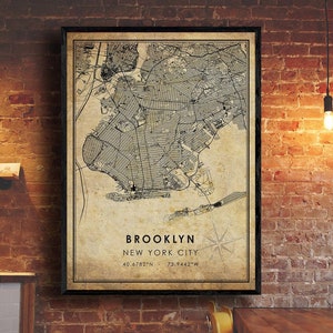 Impression de carte vintage de Brooklyn | Carte de Brooklyn | Art de la carte de New York | Affiche de la carte routière de la ville de Brooklyn | carte cadeau vintage