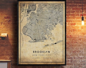 Brooklyn Vintage Map Print | Brooklyn Map | New York Map Art | Brooklyn City Road Map Poster | Vintage Gift Map