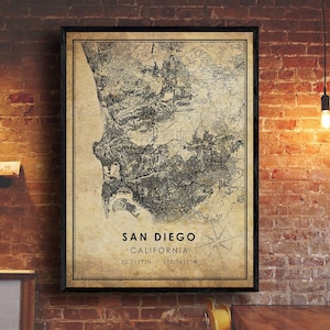 Impression de carte vintage de San Diego | Carte de San Diego en Californie | Toile d’affiche de carte routière de la ville de San Diego