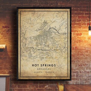 Impression de carte vintage des sources chaudes | Carte des sources chaudes | Carte de l’Arkansas | Affiche de la carte routière de la ville de Hot Springs | carte vintage