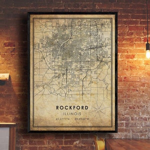 Impression de carte de Rockford | Carte de Rockford | Art de la carte de l’Illinois | Affiche de la carte routière de la ville de Rockford | carte cadeau vintage