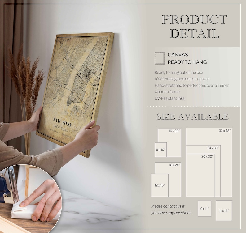 May include: A vintage-style map of New York City printed on canvas. The canvas is ready to hang and comes in various sizes, including 8x10 inches, 12x16 inches, 16x20 inches, 18x24 inches, 20x30 inches, 24x36 inches, 32x48 inches, 9x11 inches, and 11x14 inches.
