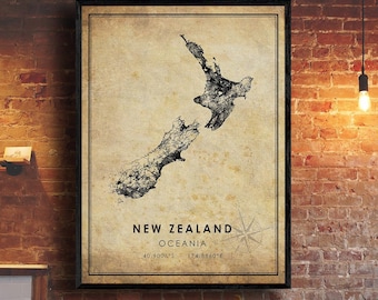 New Zealand Vintage Map Print | New Zealand Map | New Zealand Map Art | New Zealand Road Map Poster | Vintage Gift Map