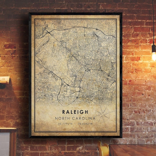 Raleigh Vintage Map Print | Raleigh Map | North Carolina Map Art | Raleigh City Road Map Poster | Vintage Gift Map