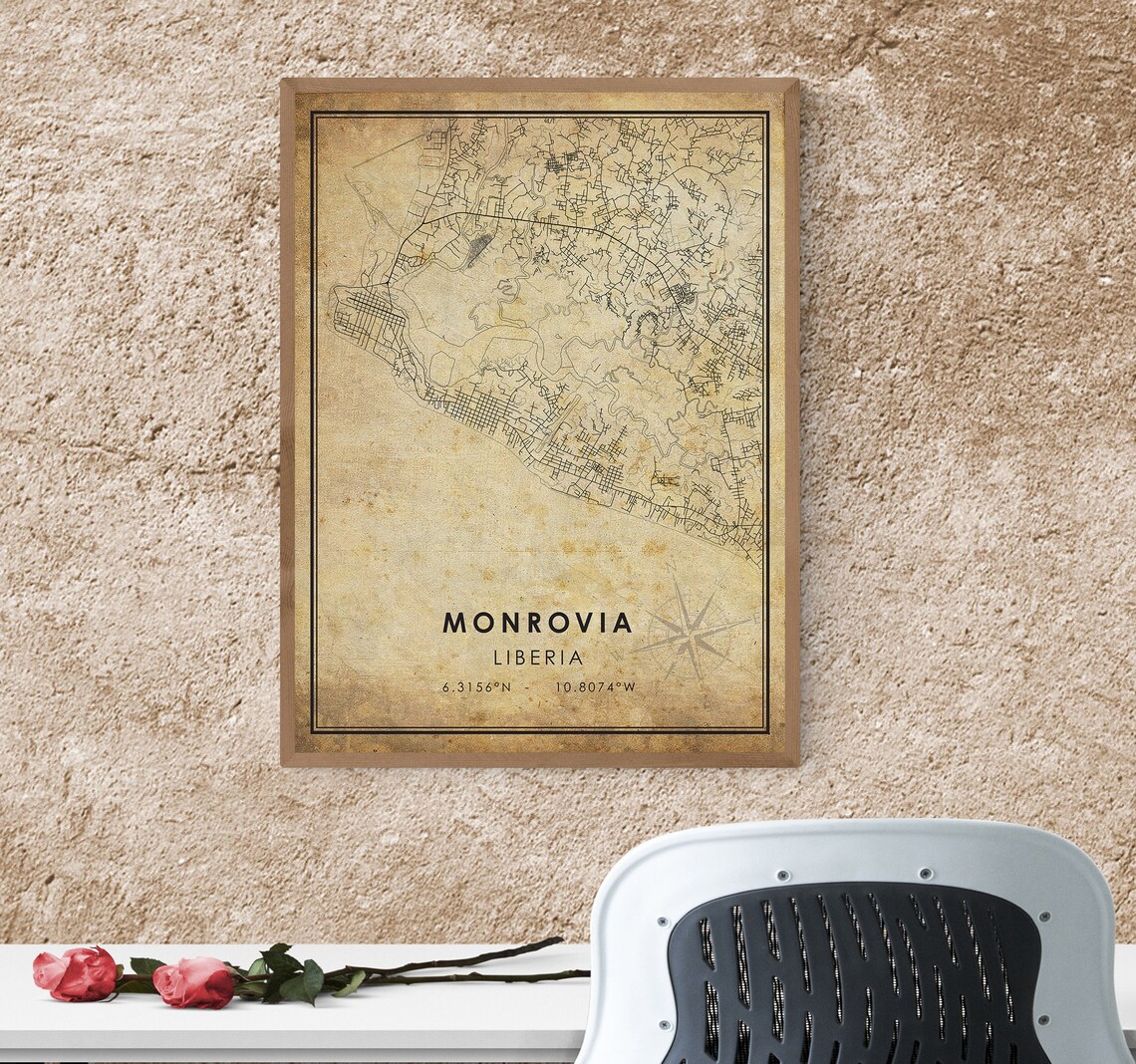 Monrovia Vintage Map Print Monrovia Liberia Map Art Etsy