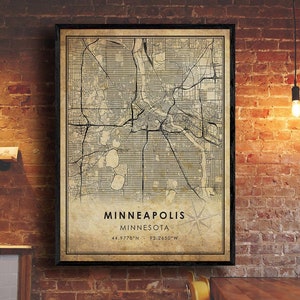 Impression de carte vintage de Minneapolis | Carte de Minneapolis | Art de la carte du Minnesota | Affiche de la carte routière de la ville de Minneapolis | ancien