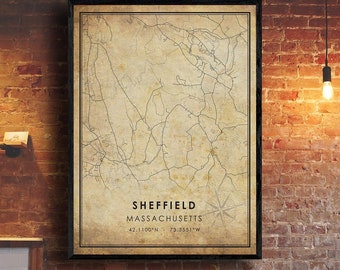 Impression de carte de Sheffield | Carte de Sheffield | Art de la carte du Massachusetts | Affiche de la carte routière de la ville de Sheffield | carte cadeau vintage