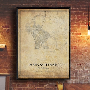Marco Island vintage Carte Imprimer | Carte de l'île Marco | Art de la carte de Floride | Affiche de carte routière de la ville de Marco Island | ancien