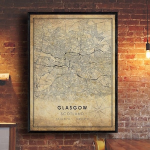 Glasgow Vintage Map Print | Glasgow Map | Scotland Map Art | Glasgow City Road Map Poster | Vintage Gift Map