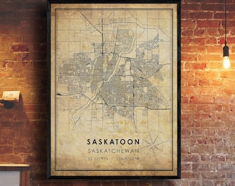 Saskatoon Vintage Map Print | Saskatoon Saskatchewan Map Art | Saskatoon City Road Map Poster | Vintage Gift Map