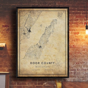 Impression de carte du comté de Door | Carte du comté de Porte | Wisconsin Carte Art | Affiche de carte routière de la ville du comté de Door | carte cadeau vintage