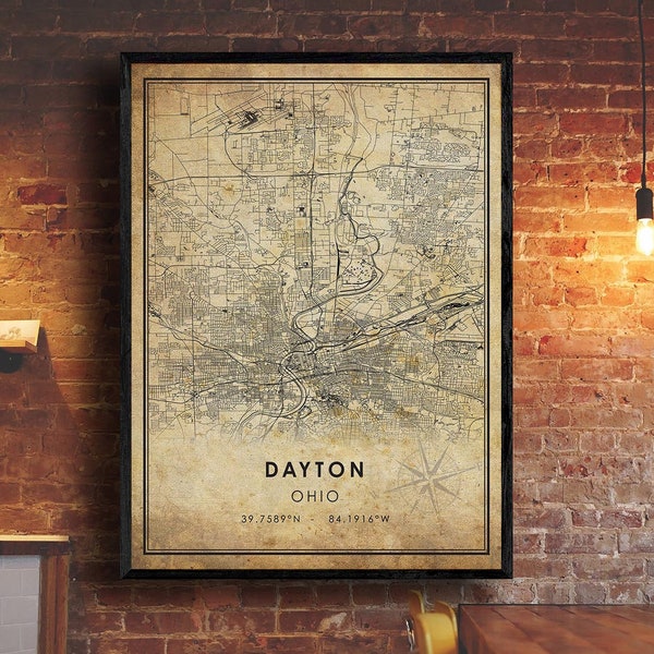 Dayton Vintage Map Print | Dayton Map | Ohio Map Art | Dayton City Road Map Poster | Vintage Gift Map