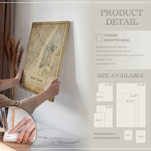 May include: A vintage-style map of New York City printed on canvas. The canvas is ready to hang and comes in various sizes, including 8x10 inches, 12x16 inches, 16x20 inches, 18x24 inches, 20x30 inches, 24x36 inches, 32x48 inches, 9x11 inches, and 11x14 inches.