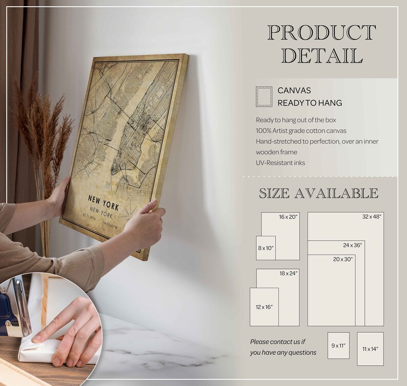 May include: A vintage-style map of New York City printed on canvas. The canvas is ready to hang and comes in various sizes, including 8x10 inches, 12x16 inches, 16x20 inches, 18x24 inches, 20x30 inches, 24x36 inches, 32x48 inches, 9x11 inches, and 11x14 inches.