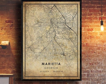 Marietta Vintage Map Print | Marietta Georgia Map | Marietta City Road Map Poster Canvas