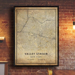 May include: A vintage-style map print of Valley Stream, New York, with a compass rose and coordinates: 40.6643°N, 73.7085°W.