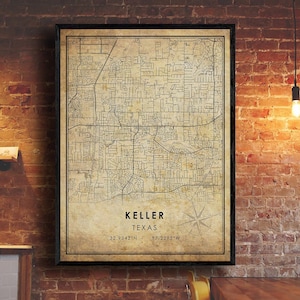 Keller Vintage Map Print | Keller Map | Texas Map Art | Keller City Road Map Poster | Vintage Gift Map