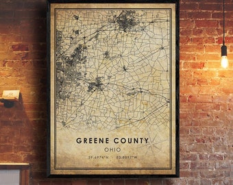 Greene County Vintage Map Print | Greene County Map | Ohio Map Art | Greene County City Road Map Poster | Vintage Gift Map